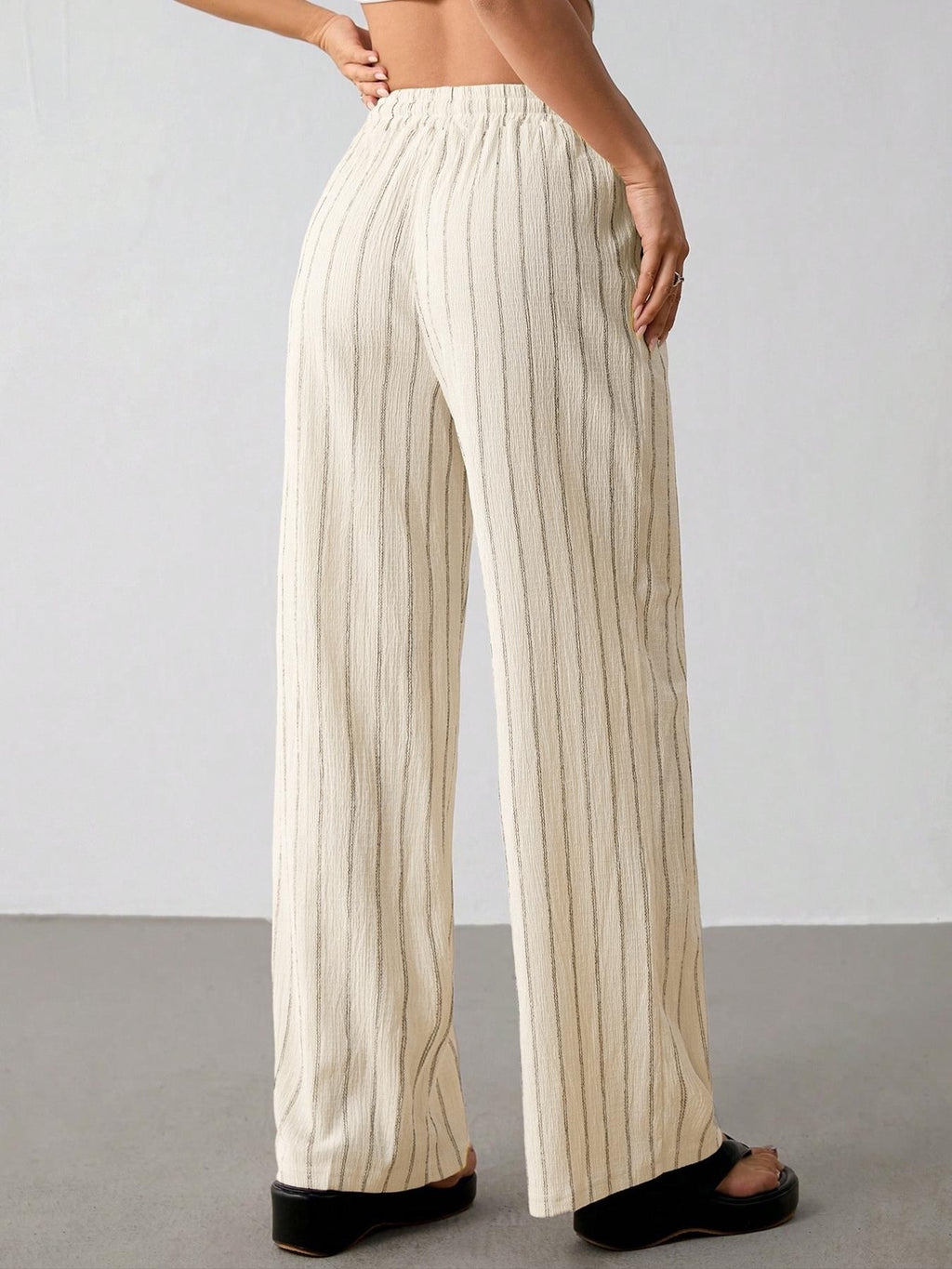 Pinstripe Wide Leg Drawstring Lounge Pants - Apricot - 2