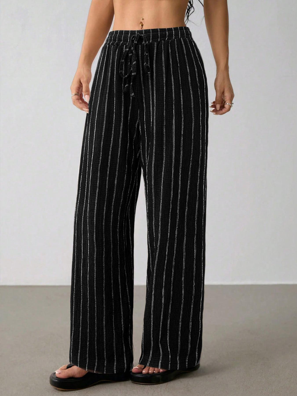 Pinstripe Wide Leg Drawstring Lounge Pants - Black
