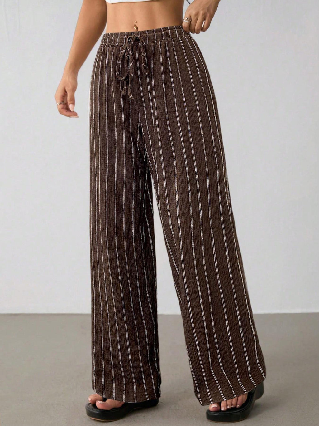 Pinstripe Wide Leg Drawstring Lounge Pants - Brown