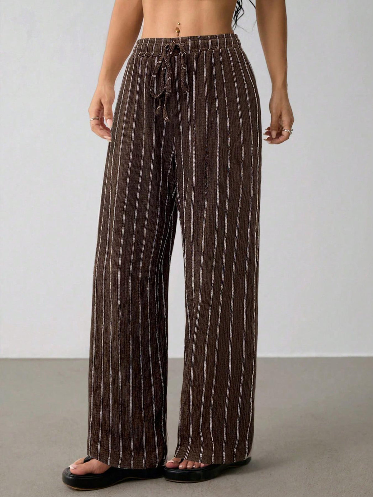 Pinstripe Wide Leg Drawstring Lounge Pants - Brown - 1
