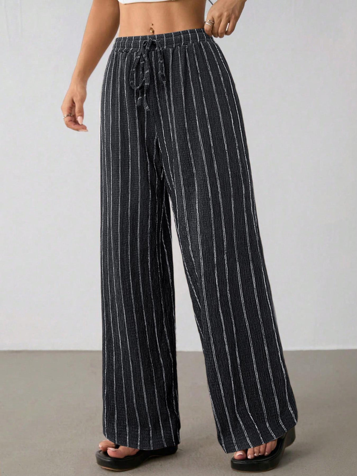 Pinstripe Wide Leg Drawstring Lounge Pants - Darkgray