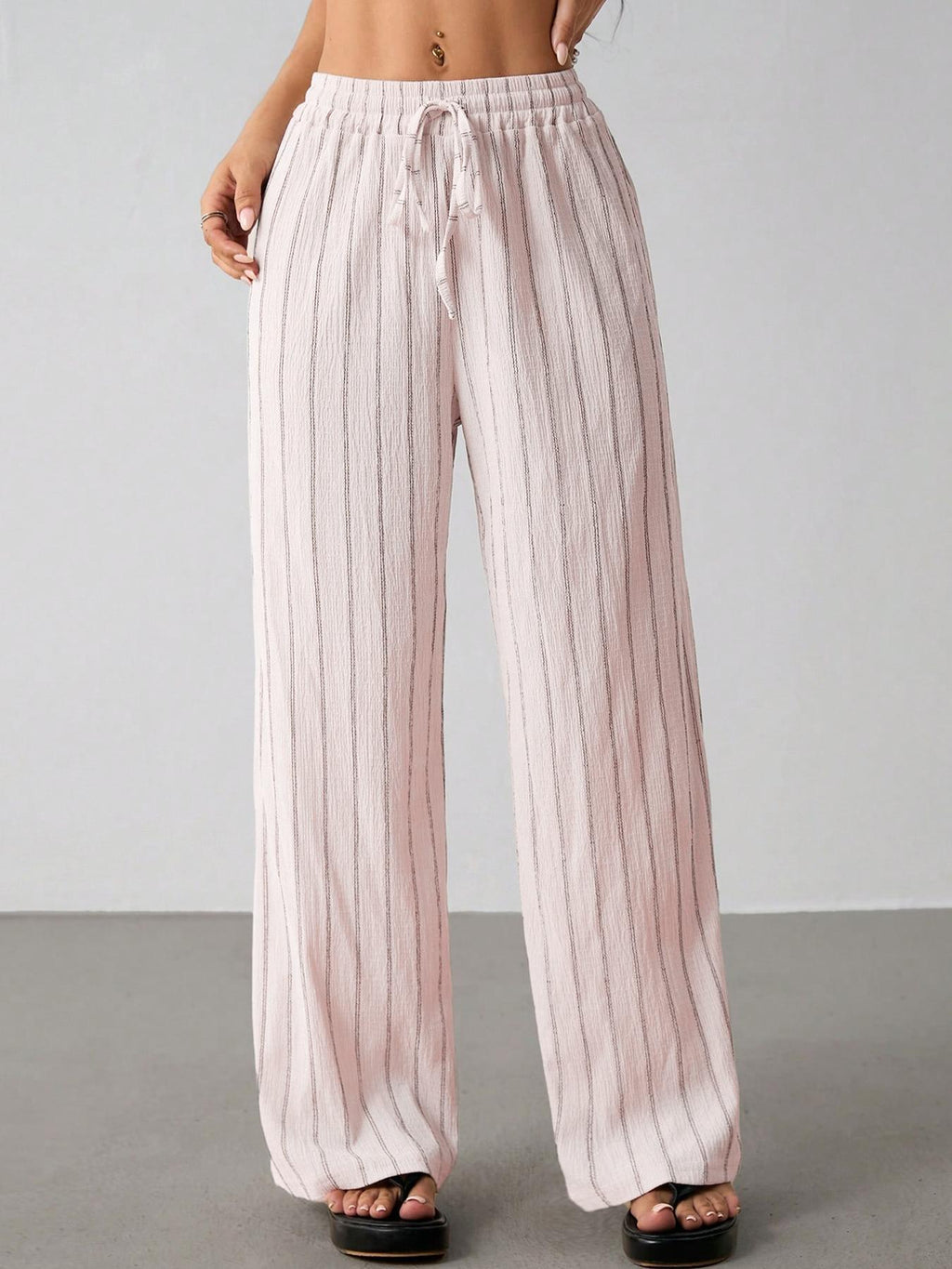 Pinstripe Wide Leg Drawstring Lounge Pants - Pink