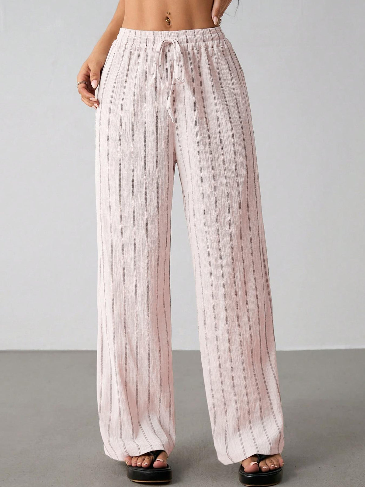 Pinstripe Wide Leg Drawstring Lounge Pants - Pink