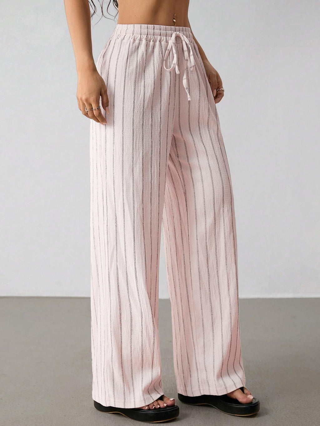 Pinstripe Wide Leg Drawstring Lounge Pants - Pink - 3