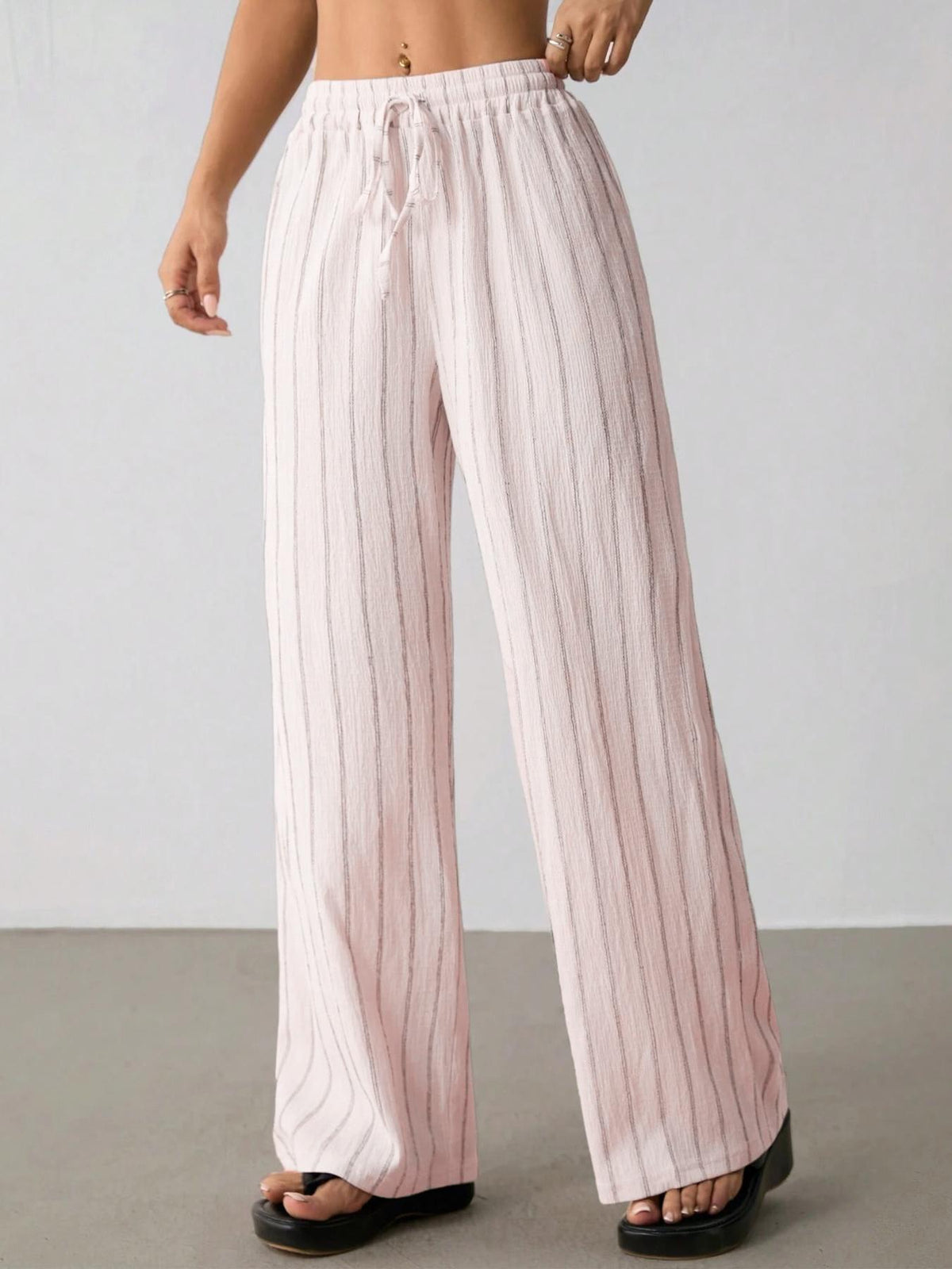 Pinstripe Wide Leg Drawstring Lounge Pants - Pink - 4