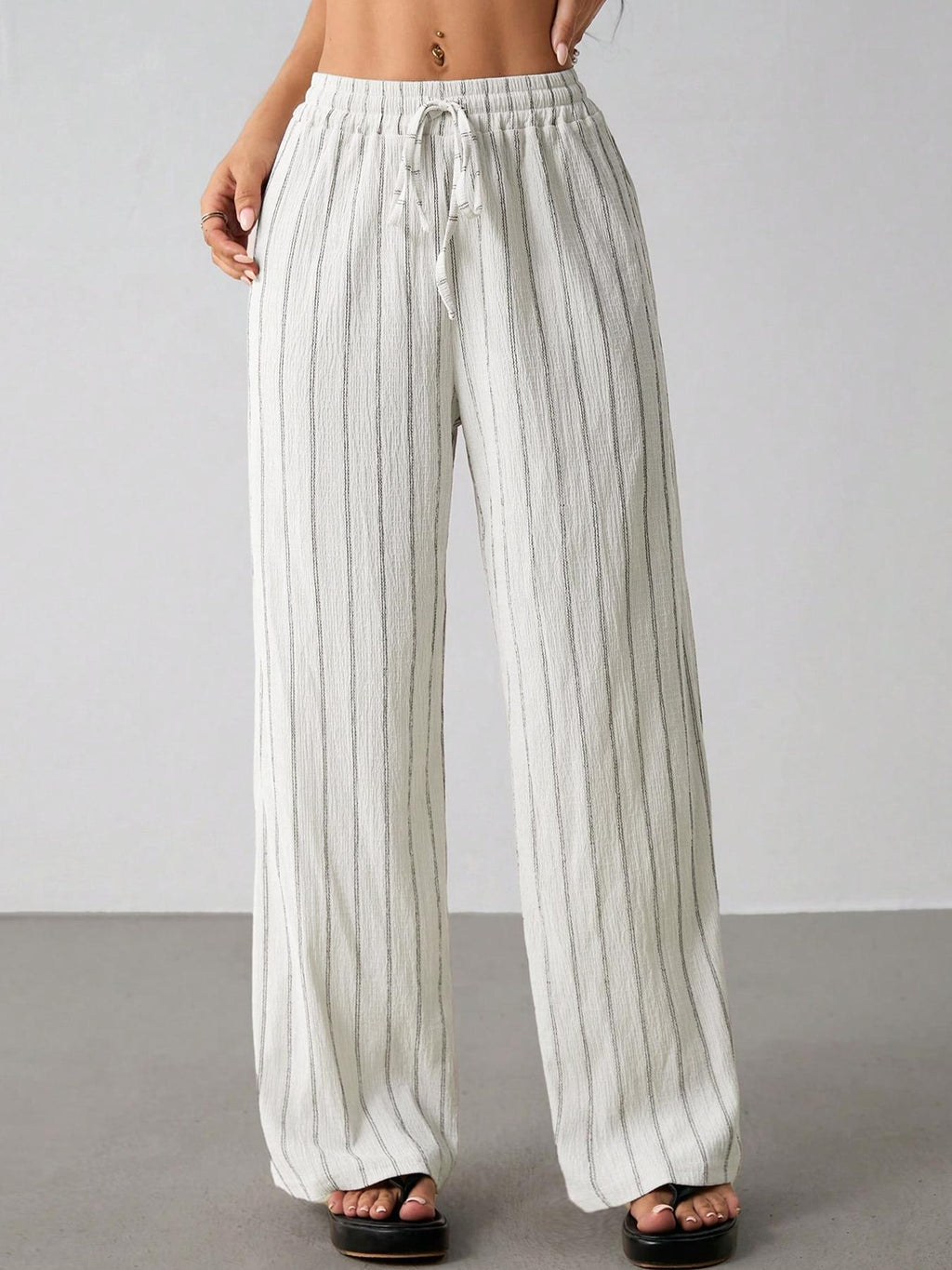 Pinstripe Wide Leg Drawstring Lounge Pants - White
