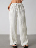 Pinstripe Wide Leg Drawstring Lounge Pants - White