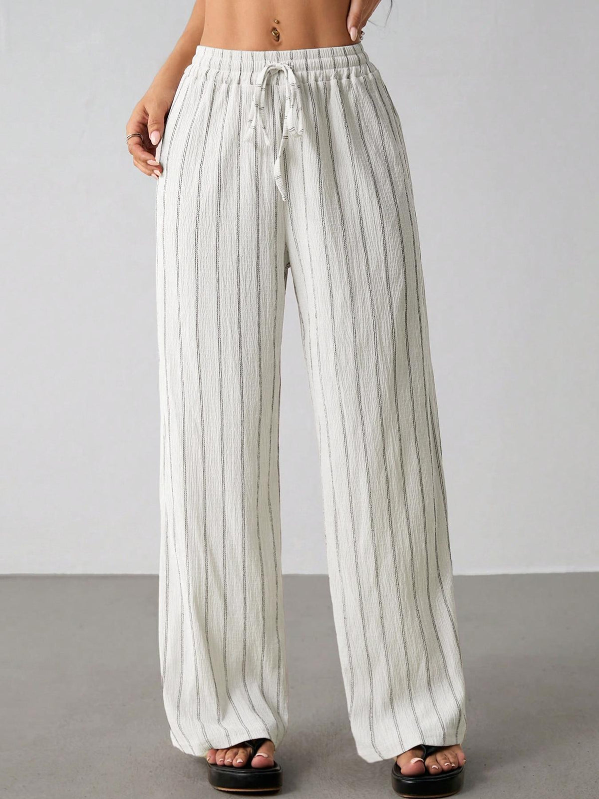 Pinstripe Wide Leg Drawstring Lounge Pants - White