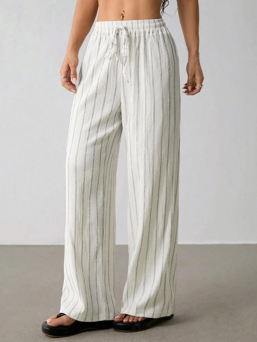 Pinstripe Wide Leg Drawstring Lounge Pants - White - 1