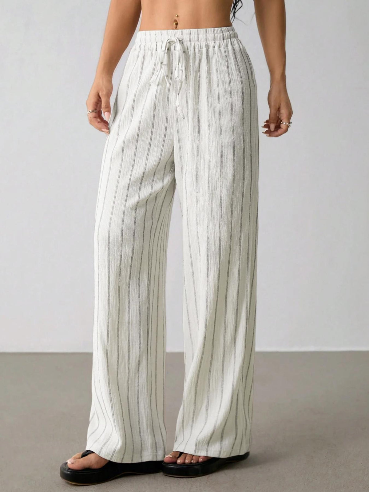 Pinstripe Wide Leg Drawstring Lounge Pants - White - 1