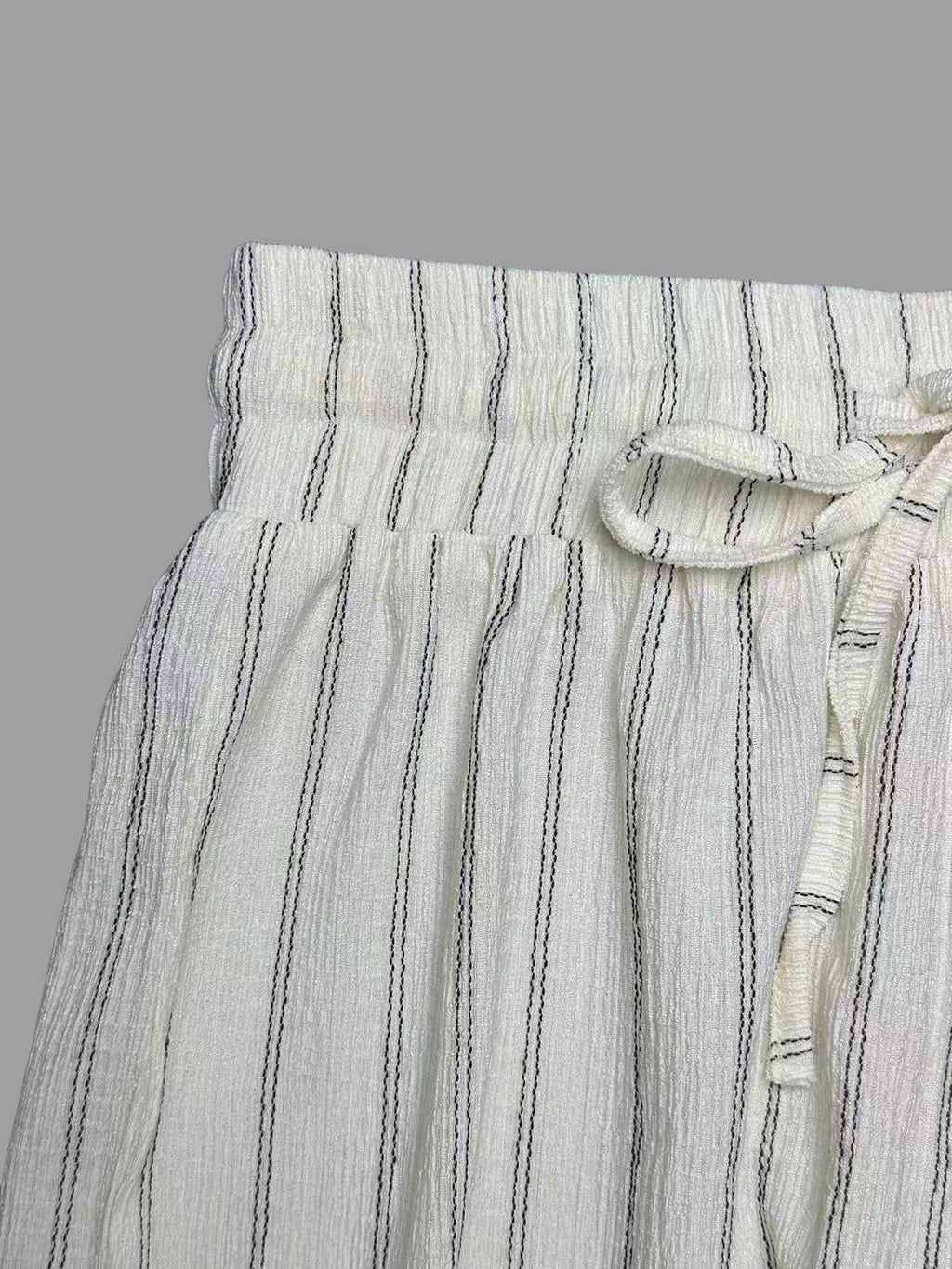 Pinstripe Wide Leg Drawstring Lounge Pants - White - 2