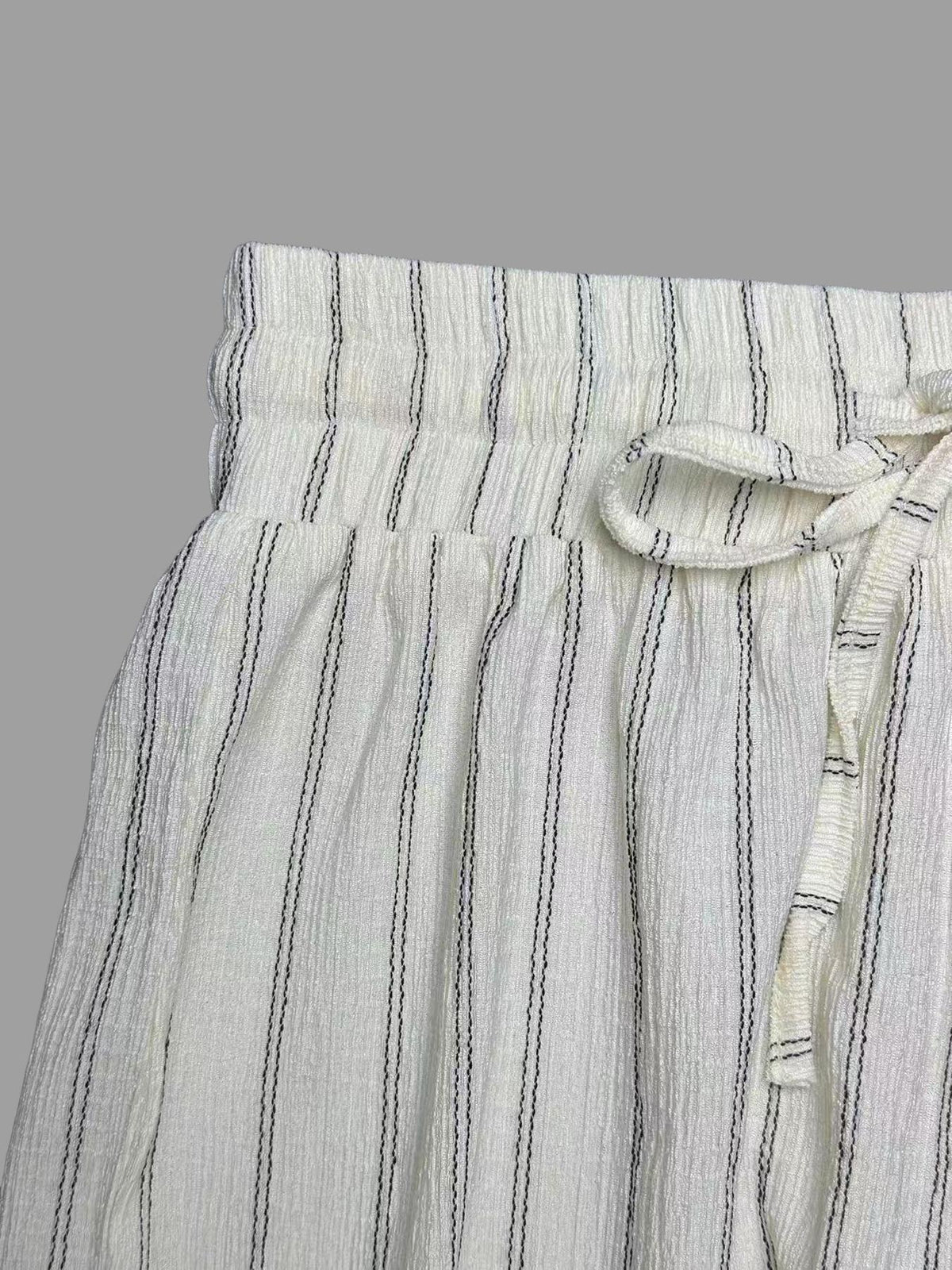 Pinstripe Wide Leg Drawstring Lounge Pants - White - 2