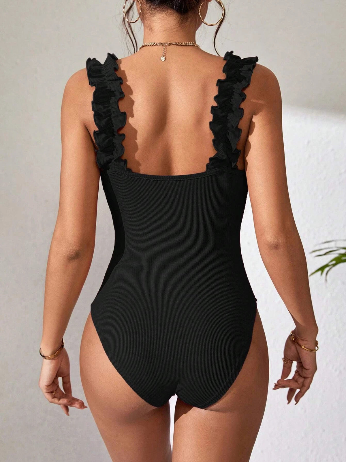 Ruffle Strap Square Neck Sleeveless Bodysuit - Black - 3