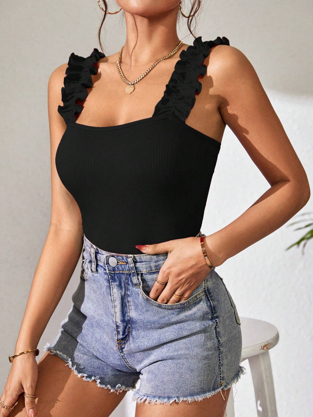 Ruffle Strap Square Neck Sleeveless Bodysuit - Black - 4