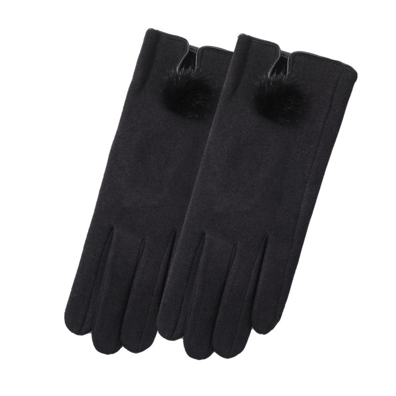 Suede Touch Gloves With Pom Pom Bow - Black