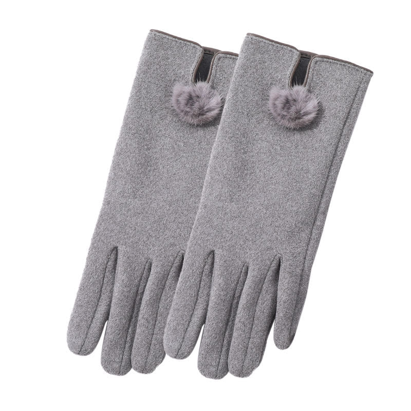 Suede Touch Gloves With Pom Pom Bow - Grey