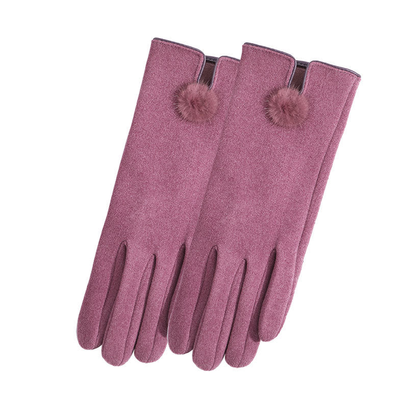 Suede Touch Gloves With Pom Pom Bow - Purple