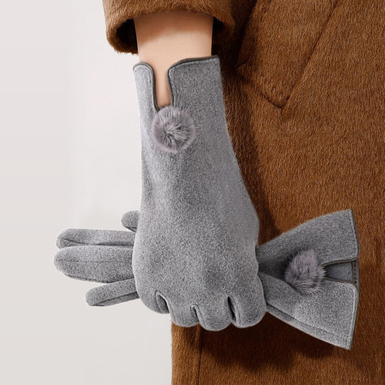Suede Touch Gloves With Pom Pom Bow