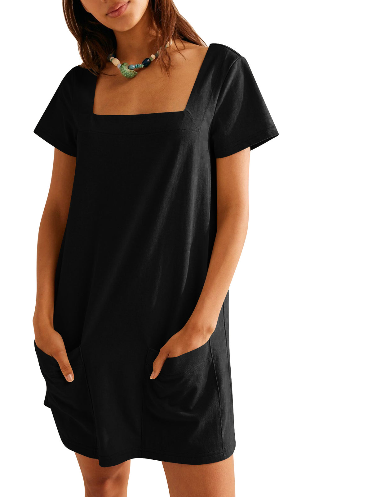 Square Neck Cotton Shift Mini Dress - Black