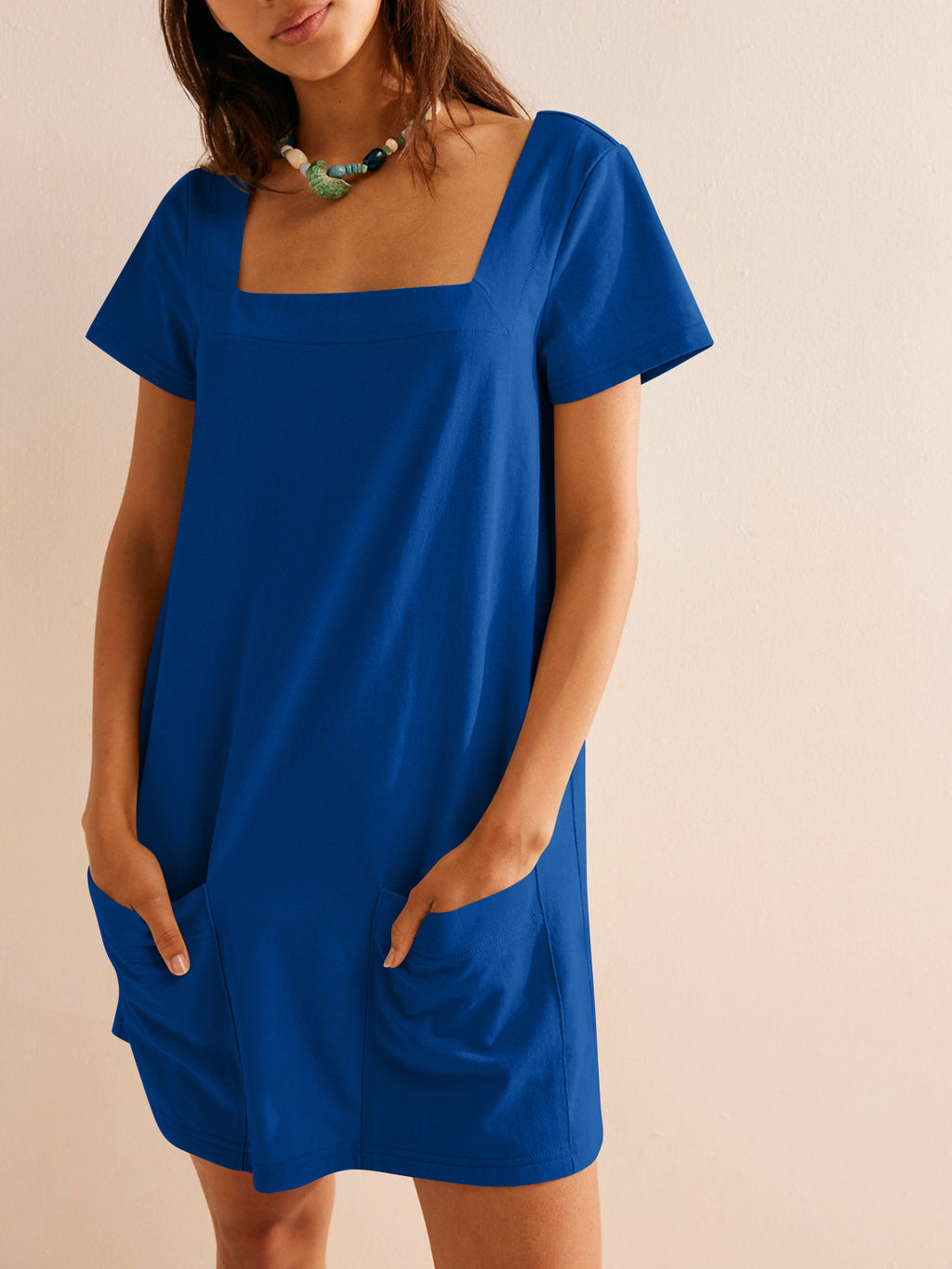 Square Neck Cotton Shift Mini Dress - Blue