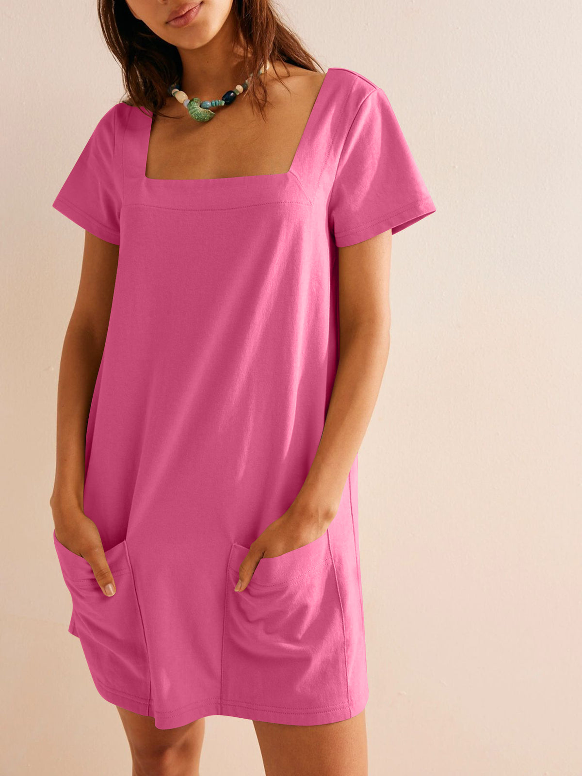 Square Neck Cotton Shift Mini Dress - RoseRed - 1
