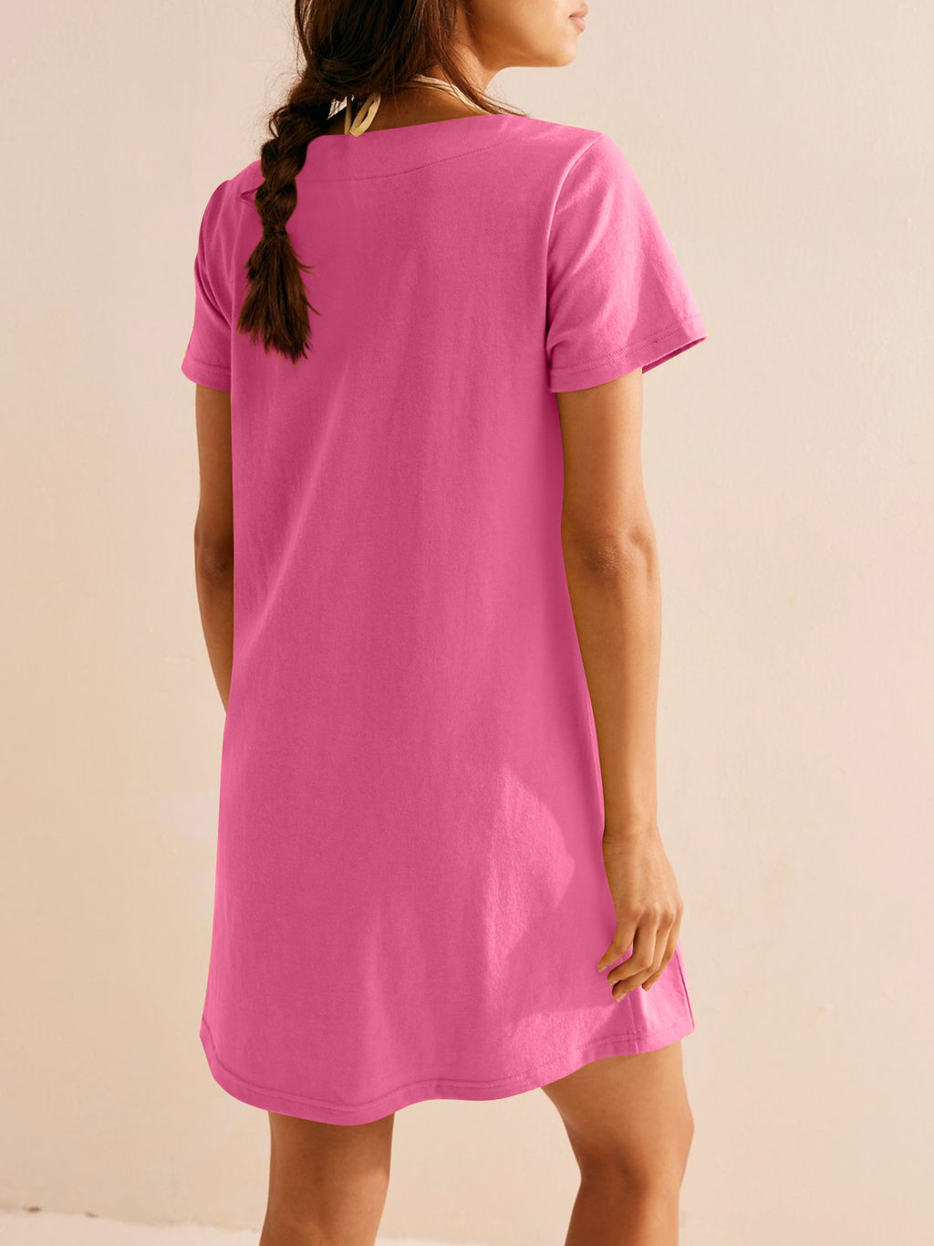 Square Neck Cotton Shift Mini Dress - RoseRed - 4