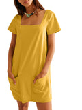Square Neck Cotton Shift Mini Dress - Turmeric