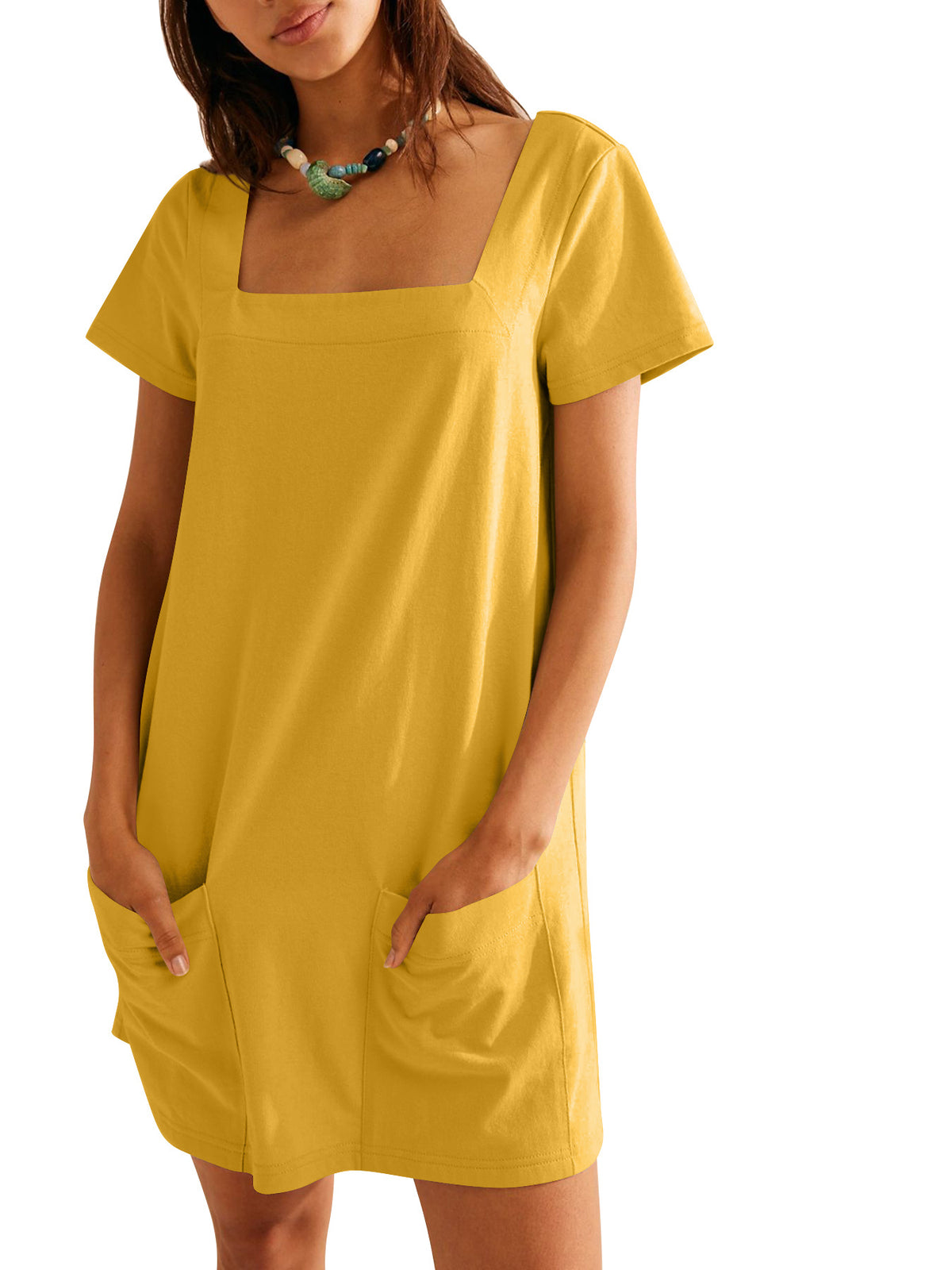 Square Neck Cotton Shift Mini Dress - Turmeric