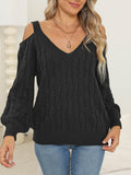 Cold Shoulder Cable Knit V Neck Sweater - Black