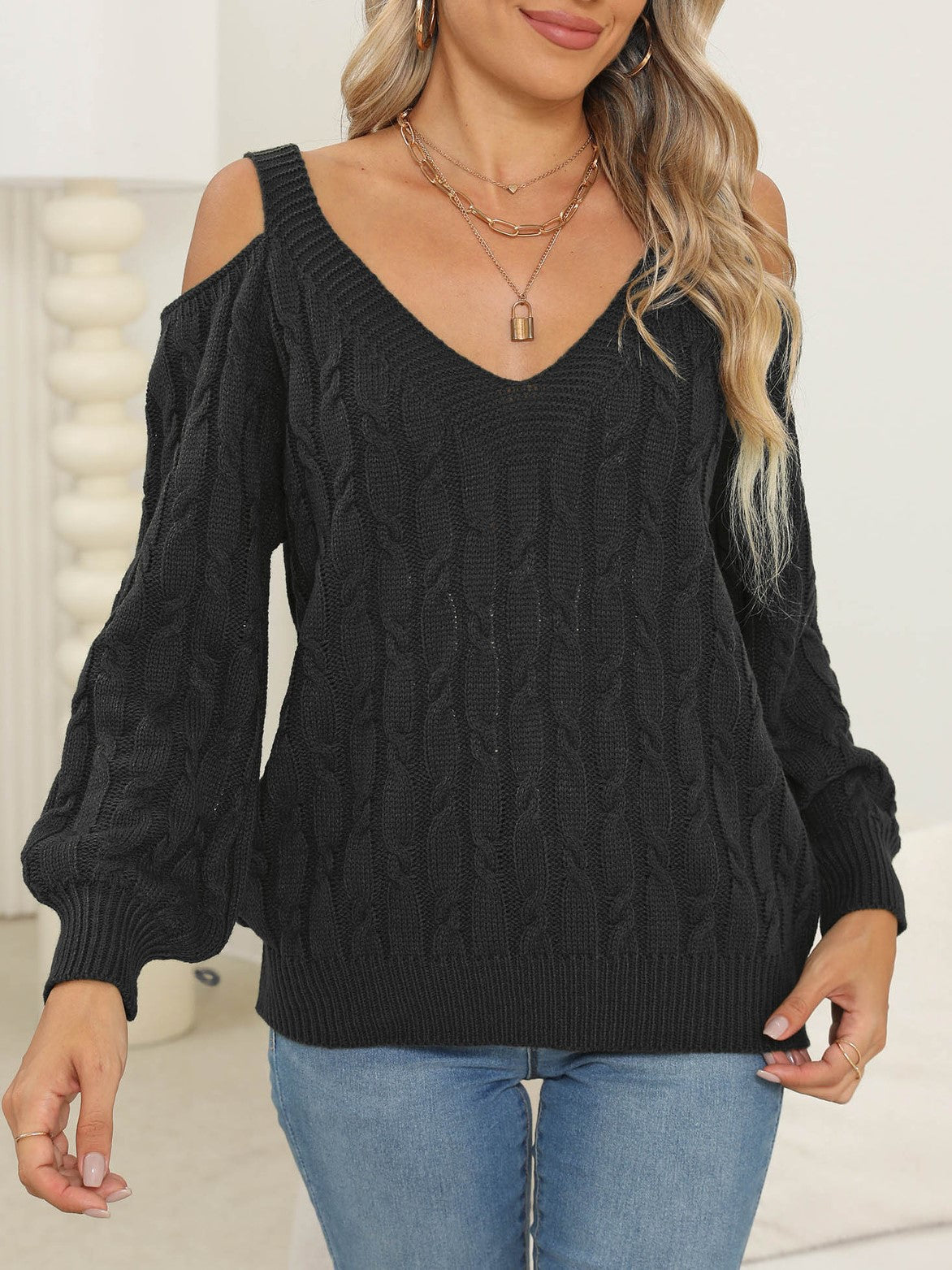 Cold Shoulder Cable Knit V Neck Sweater - Black - 3