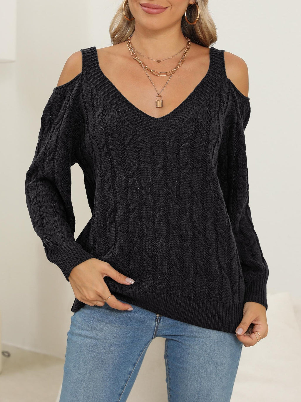Cold Shoulder Cable Knit V Neck Sweater - Black - 4