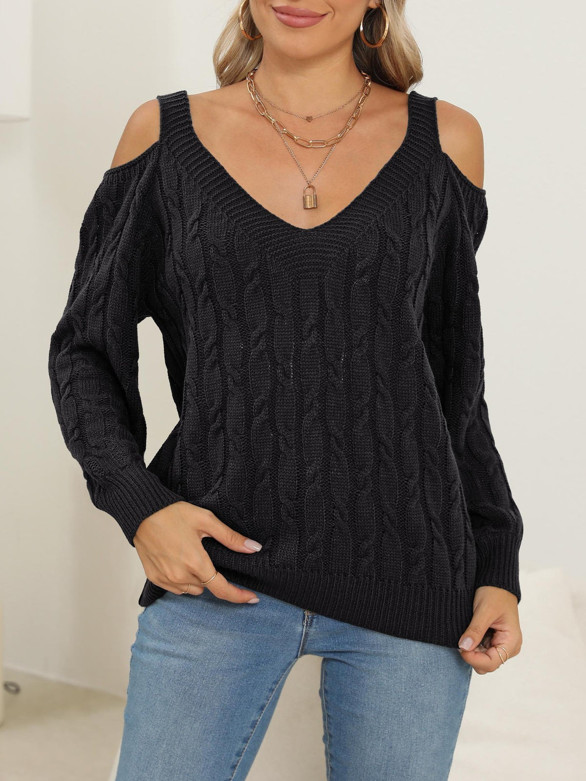Cold Shoulder Cable Knit V Neck Sweater - Black - 4