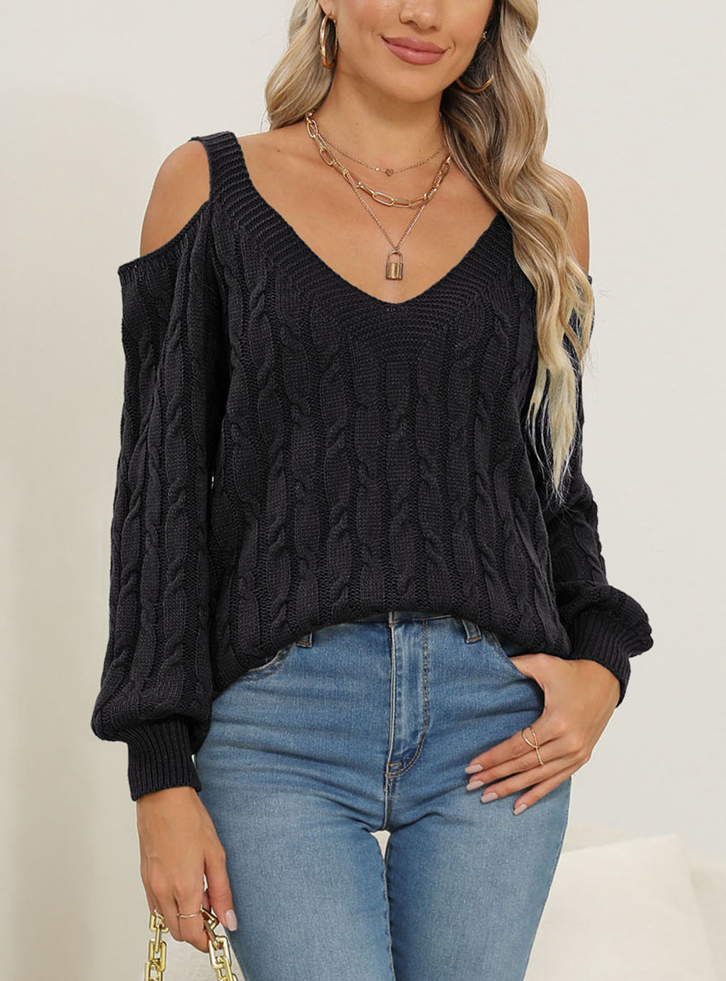 Cold Shoulder Cable Knit V Neck Sweater - Black - 5