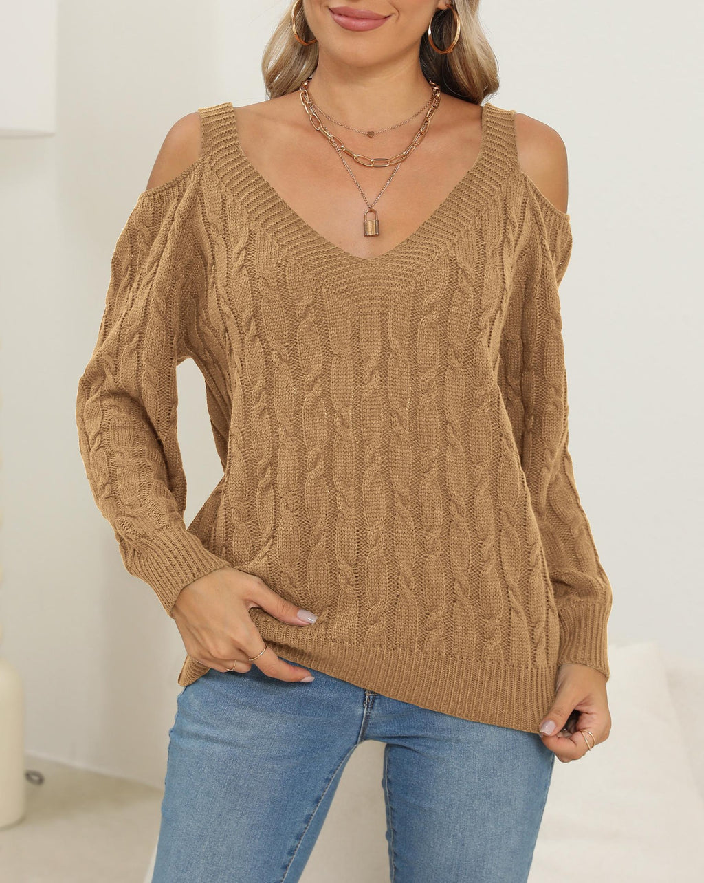 Cold Shoulder Cable Knit V Neck Sweater - Khaki - 2