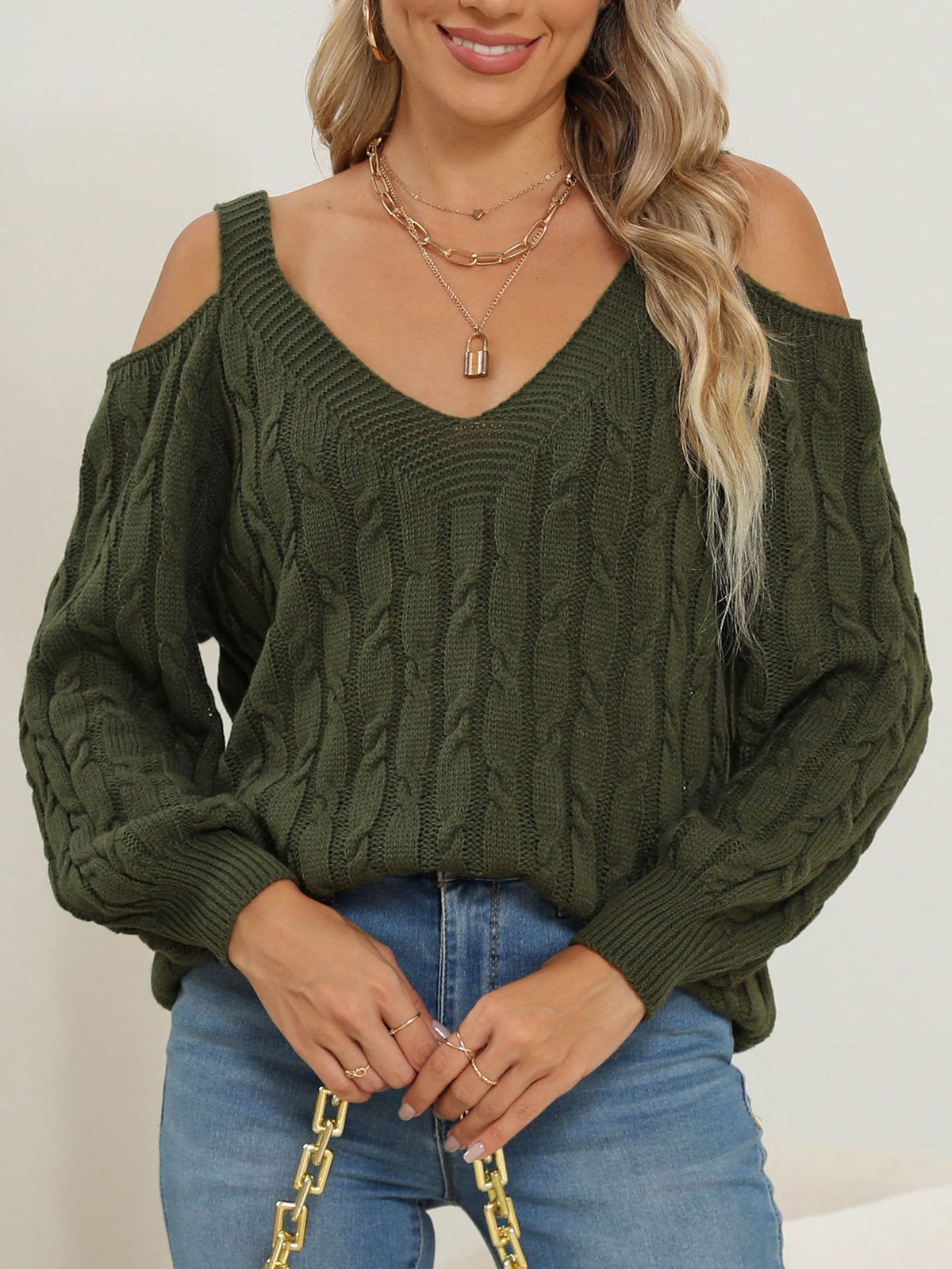 Cold Shoulder Cable Knit V Neck Sweater - Olive - 2