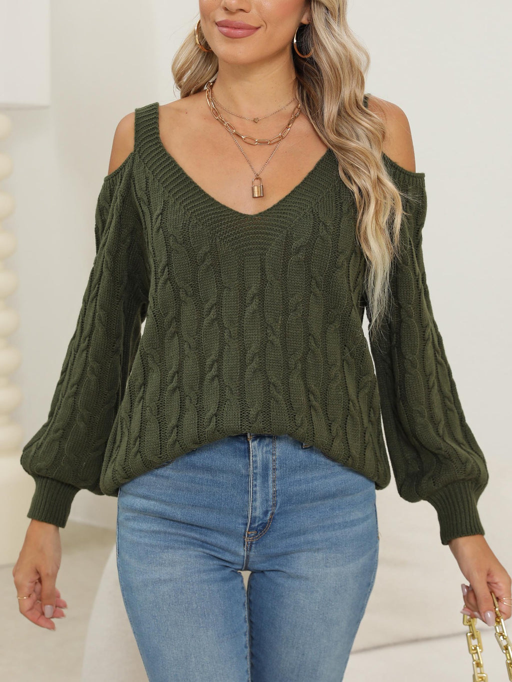 Cold Shoulder Cable Knit V Neck Sweater - Olive - 3