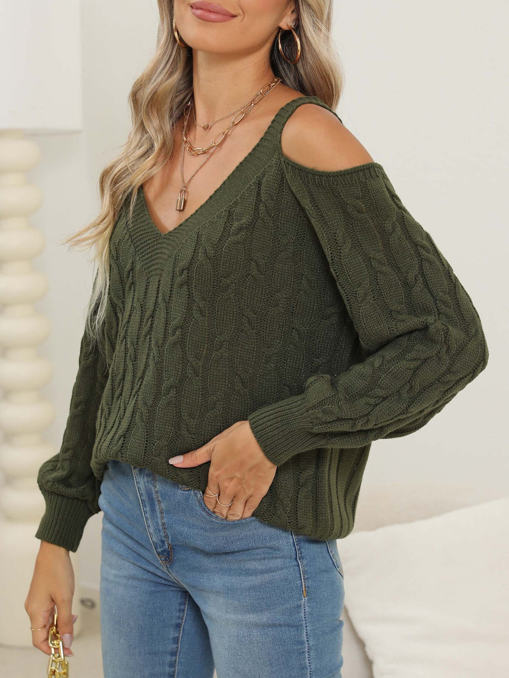 Cold Shoulder Cable Knit V Neck Sweater - Olive - 4