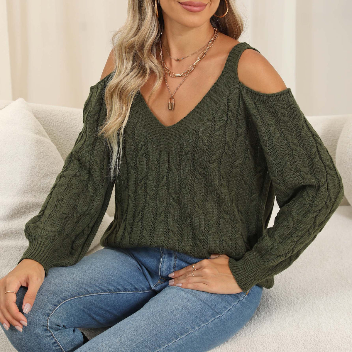 Cold Shoulder Cable Knit V Neck Sweater - Olive - 6