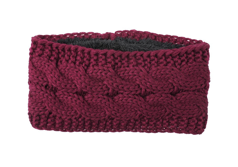 Chunky Cable Knit Fleece Lined Ear Warmer Headband - Burgundy