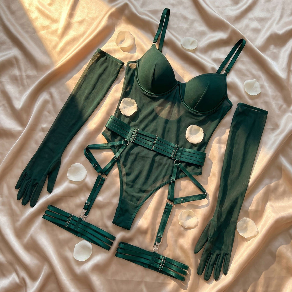 Sheer Mesh Underwire Garter Bodysuit With Gloves - Dark Green