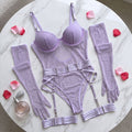 Sheer Mesh Underwire Garter Bodysuit With Gloves - Lilac