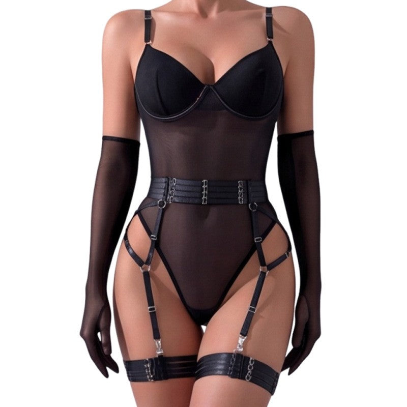 Sheer Mesh Underwire Garter Bodysuit With Gloves