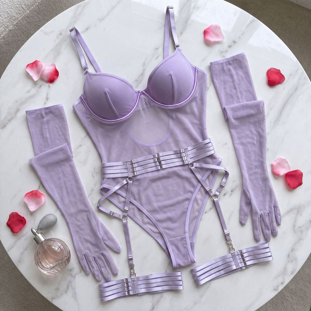 Sheer Mesh Underwire Garter Bodysuit With Gloves