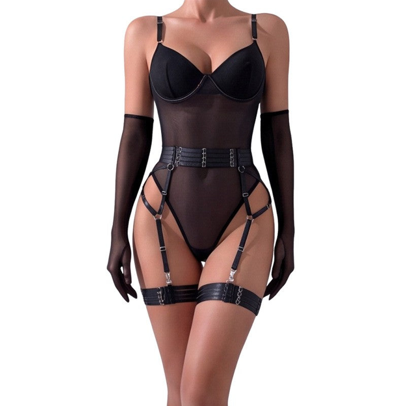 Sheer Mesh Underwire Garter Bodysuit With Gloves