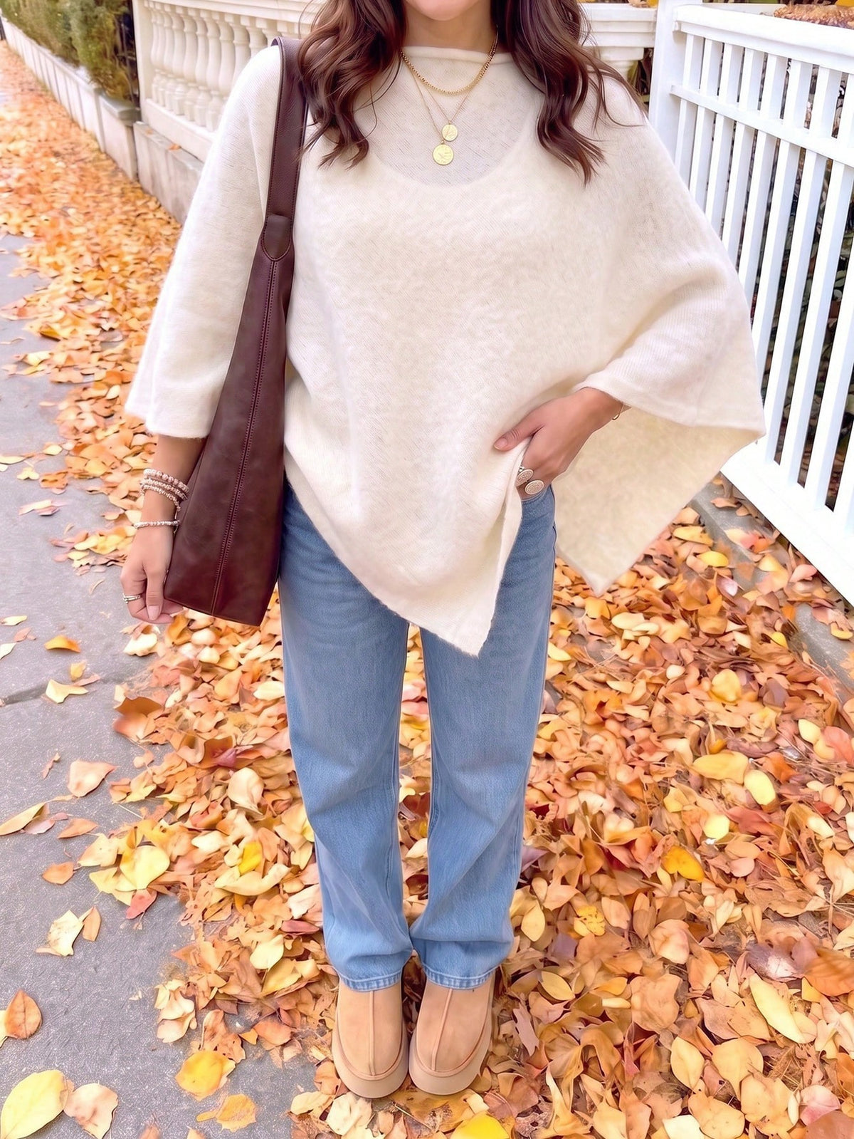 Brushed Knit Round Neck Asymmetric Hem Poncho - Ivory