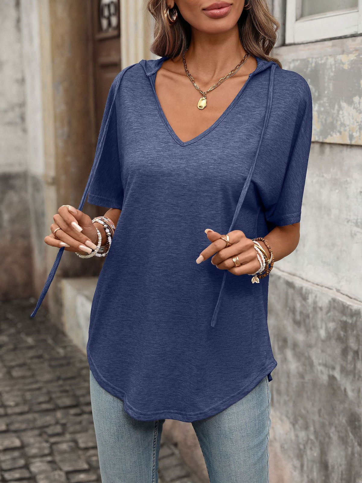 Hooded V-Neck Short Sleeve Drawstring Tee - Navyblue