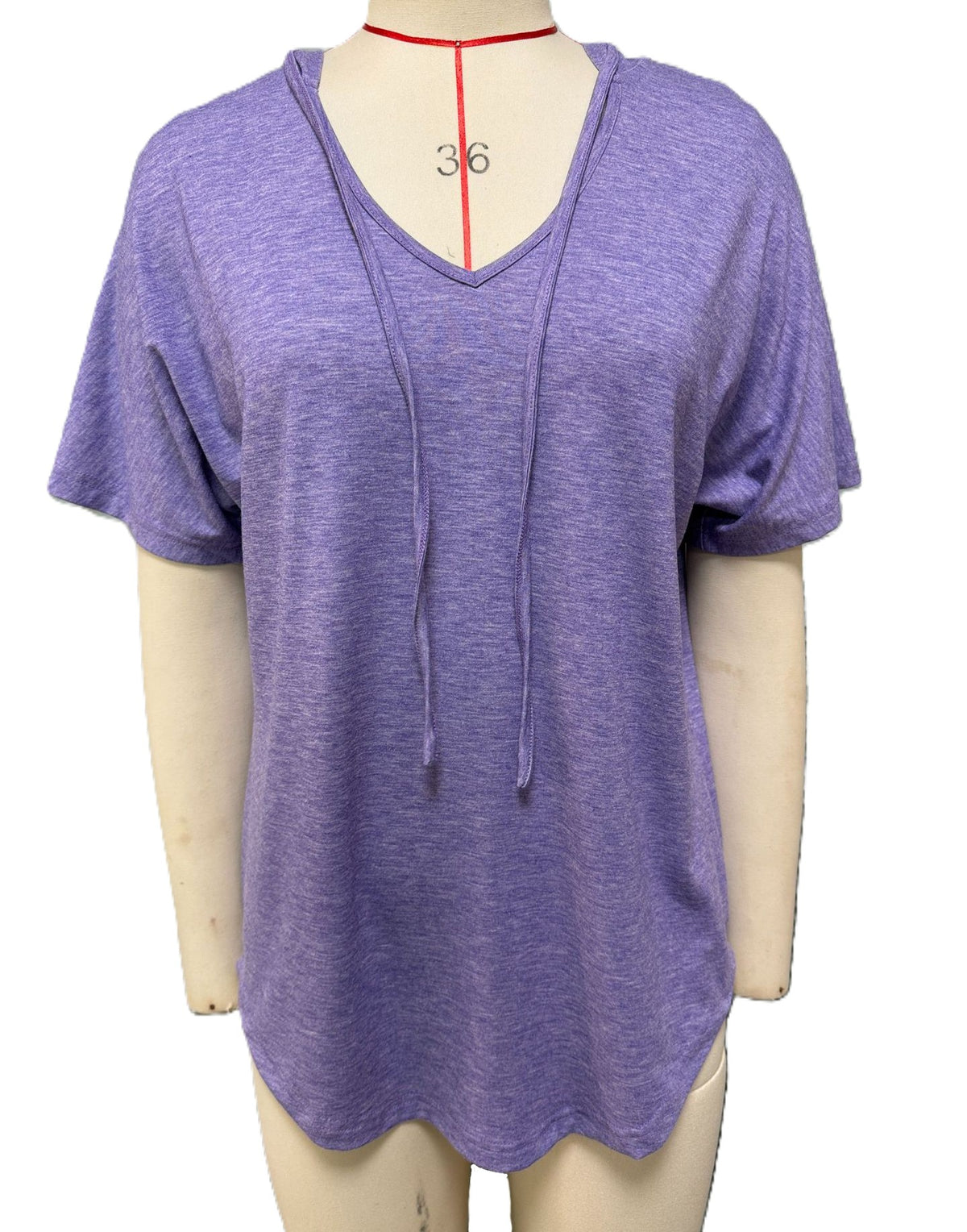 Hooded V-Neck Short Sleeve Drawstring Tee - Purple