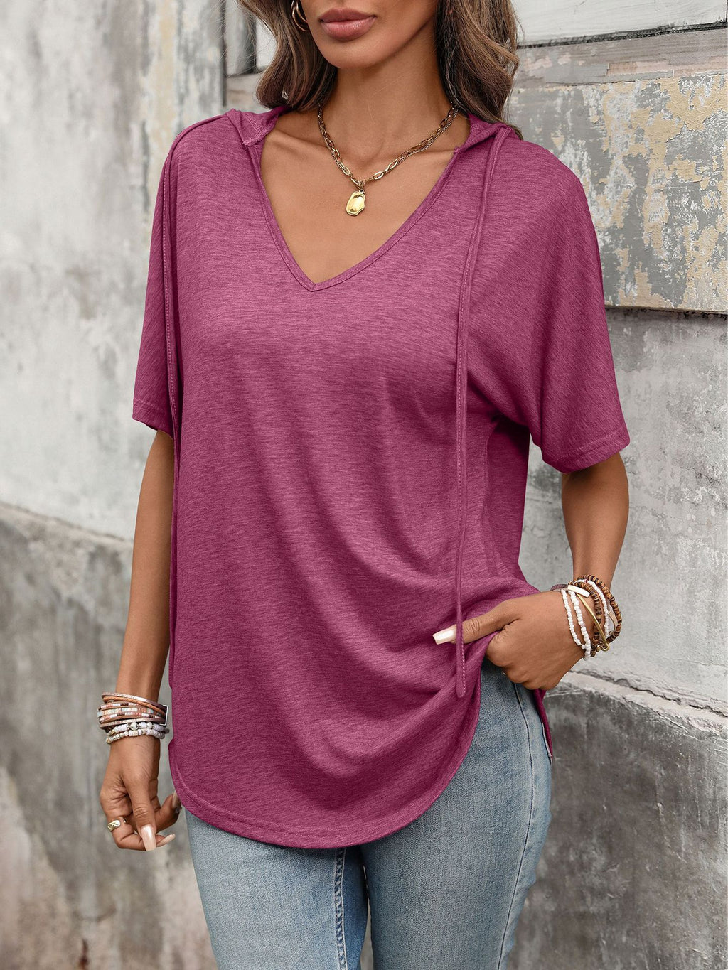 Hooded V-Neck Short Sleeve Drawstring Tee - Winered