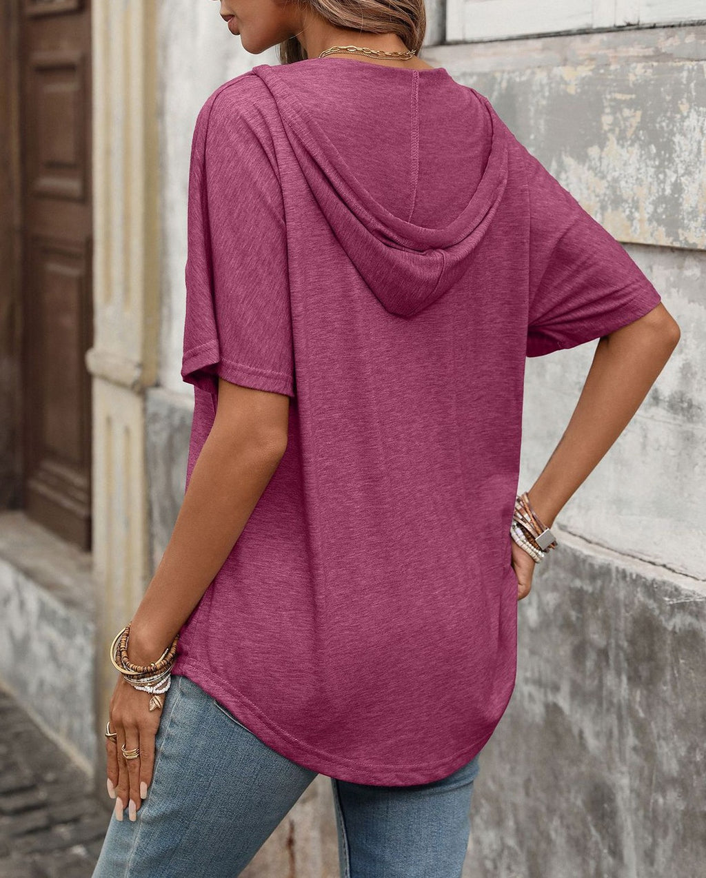 Hooded V-Neck Short Sleeve Drawstring Tee - Winered - 1