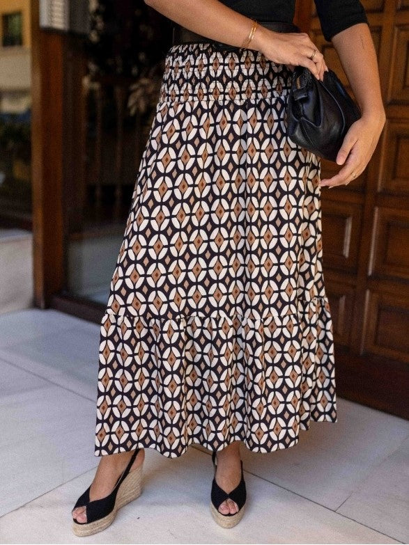 Boho Medallion Print Tiered Maxi Skirt - Khaki